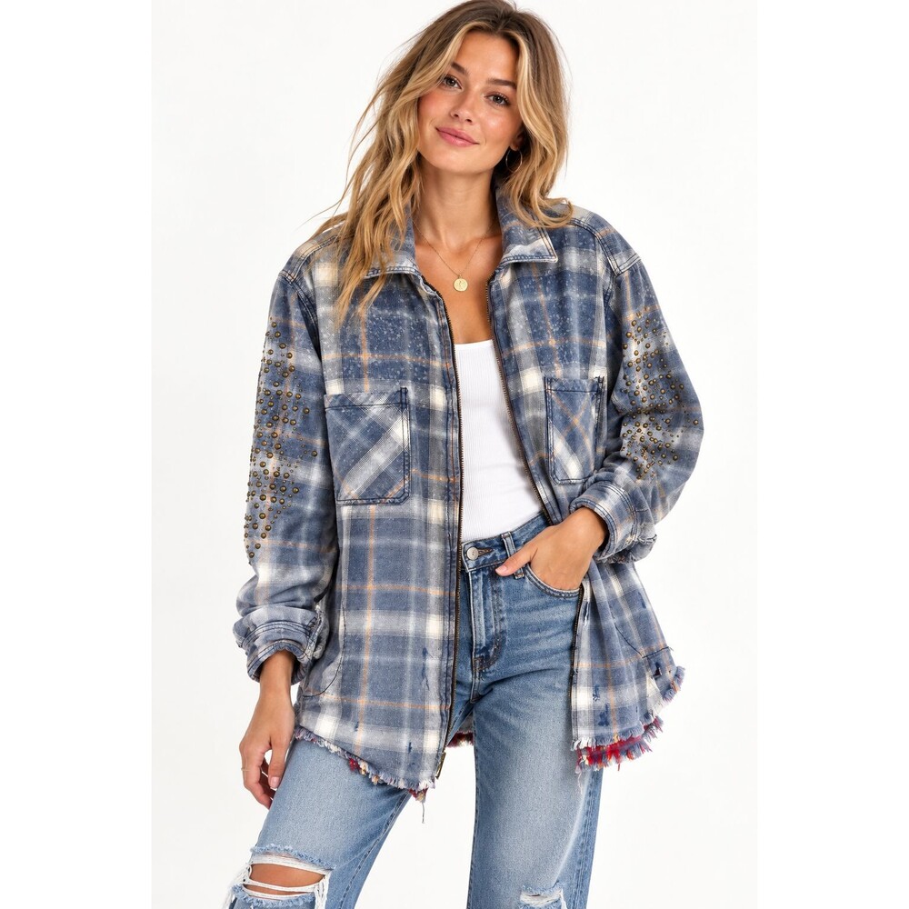 Free People Destructed Jacket Plaid Size Small Distressed Zip Studded Shacket